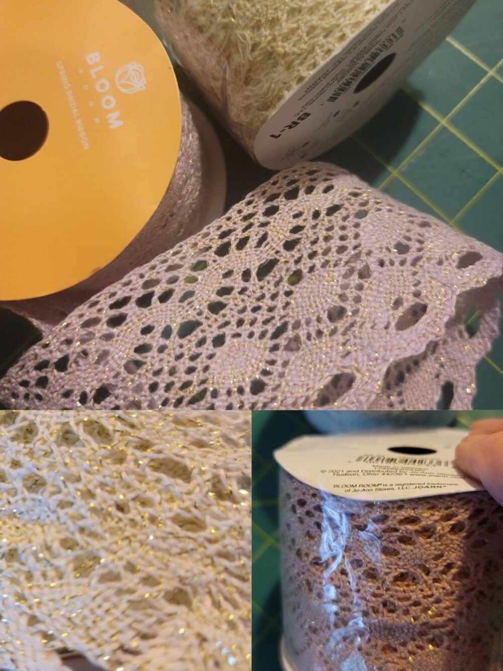 Lot Of 2 Bloom Room Spring Lace Ribbon- White & lavender Gold Metallic 4yd ea